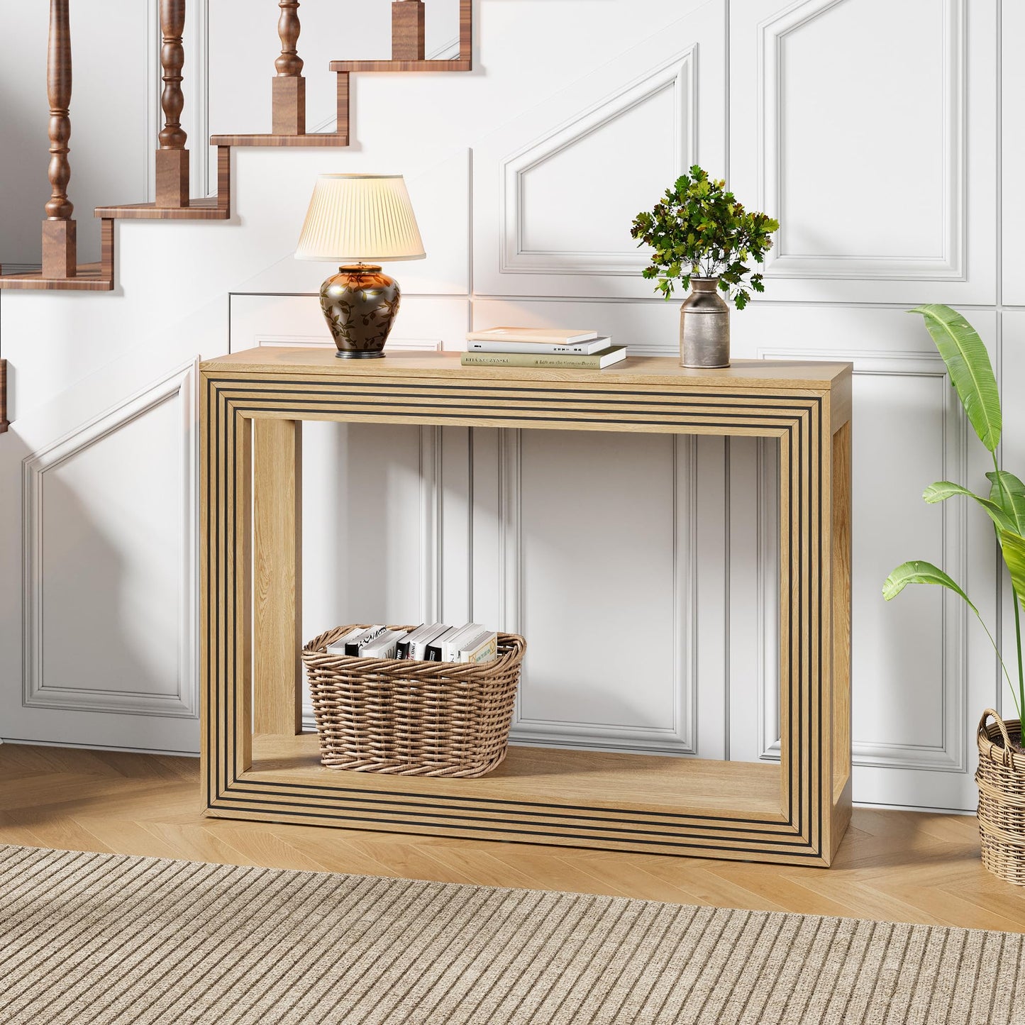 AVZEAR Fluted Entryway Console Table with Storage Shelf, 43" Mid-Century Couch Table Behind Sofa Long and Skinny for Living Room Hallway Entrance Foyer, Nature