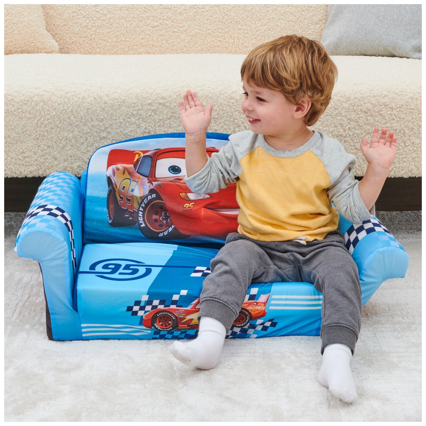 Marshmallow Furniture, Children's 2-in-1 Flip Open Foam Compressed Sofa, Disney's Cars, Multicolor