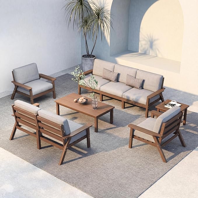 Patio Kingdom HDPE 7 Piece Patio Furniture Set, HDPE Outdoor Sectional with with Gray Thick Cushions, Coffee Table and Side Table, Patio Conversation Sets for Lawn, Garden, Porch (Brown Frame)