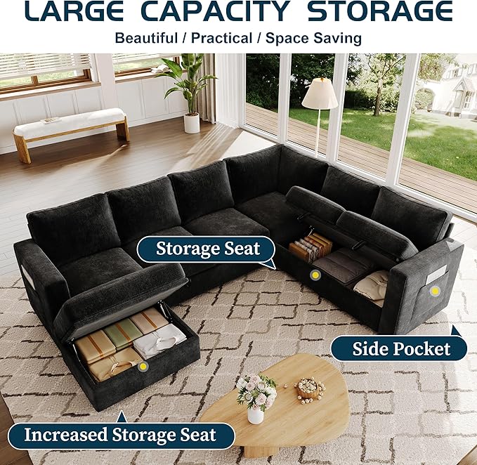 SUAWY 106.7" Sectional Sleeper Sofa with Pull Out Couch, Modern 7 Seat U Shaped Modular Couch, Sectionals Modular Sofa with Storage, Comfy Sectional Couches for Living Room & Apartment, Black