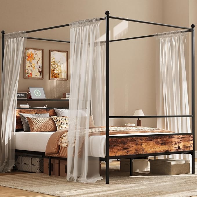 LIKIMIO Canopy Bed Frame Queen with Storage Headboard & Charging Station, Sturdy Metal Platform Bed with 4 Removable Post...