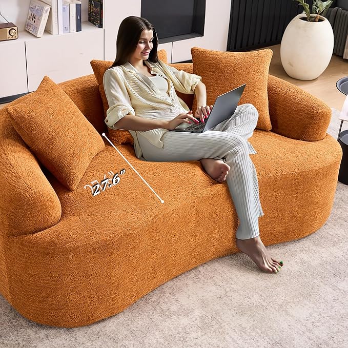 65'' Modern Curved Cloud Loveseat Sectional Sofa for Small Spaces, Luxury Plush Chenille Deep Seat Couch with 3 Pillows, No Assembly Needed Apartment Living Room Furniture, Orange