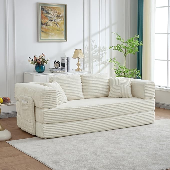 79.5" Folding Convertible Sofa Bed with Side Storage Pockets, 4-in-1 Corduroy Boneless Couch, No Assembly Loveseat Sleeper, Floor Sofa Daybed Futon Couch for Living Room Bedroom Lounge, Beige Upgraded