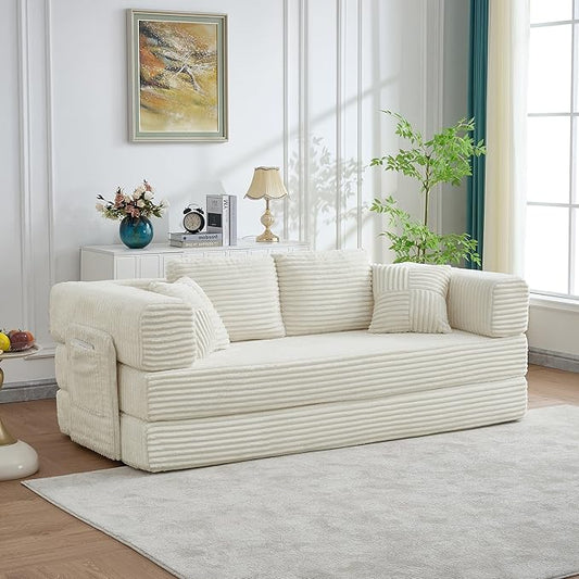 79.5" Folding Convertible Sofa Bed with Side Storage Pockets, 4-in-1 Corduroy Boneless Couch, No Assembly Loveseat Sleeper, Floor Sofa Daybed Futon Couch for Living Room Bedroom Lounge, Beige Upgraded