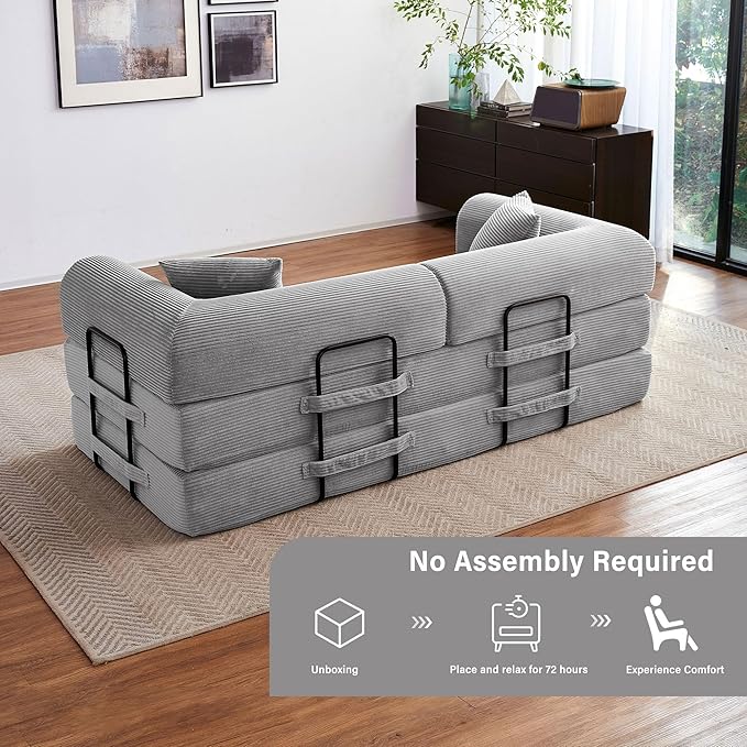 79" 5-in-1 Folding Convertible Sofa Bed, Oversized Corduroy Futon Floor Couch with Pull-Out Sleeper, Modular Boneless Loveseat for Small Spaces, Living Room, Bedroom (Light Grey)