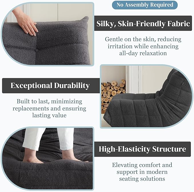 Bean Bag Chair, Fireside Chair Bean Bag Sofa for Adults, Bean Bag Chairs for Teens with High-Resilience Foam, Memory Foam & Non-Slip Base Bean Bag for Living Room, Bedroom, Office (Teddy, Dark Gray)