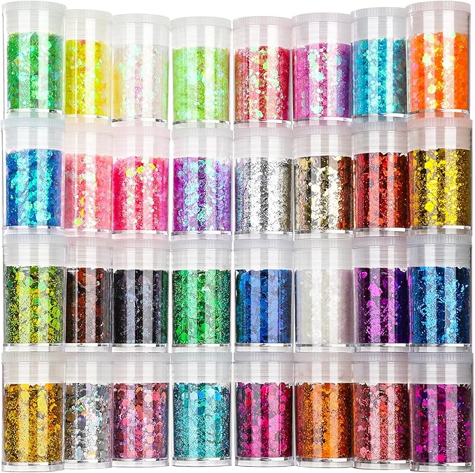 Festival Chunky and Fine Glitter Powder Mix, Teenitor 32 Colors Chunky Sequins, Iridescent Glitter Flakes, Cosmetic Face B...