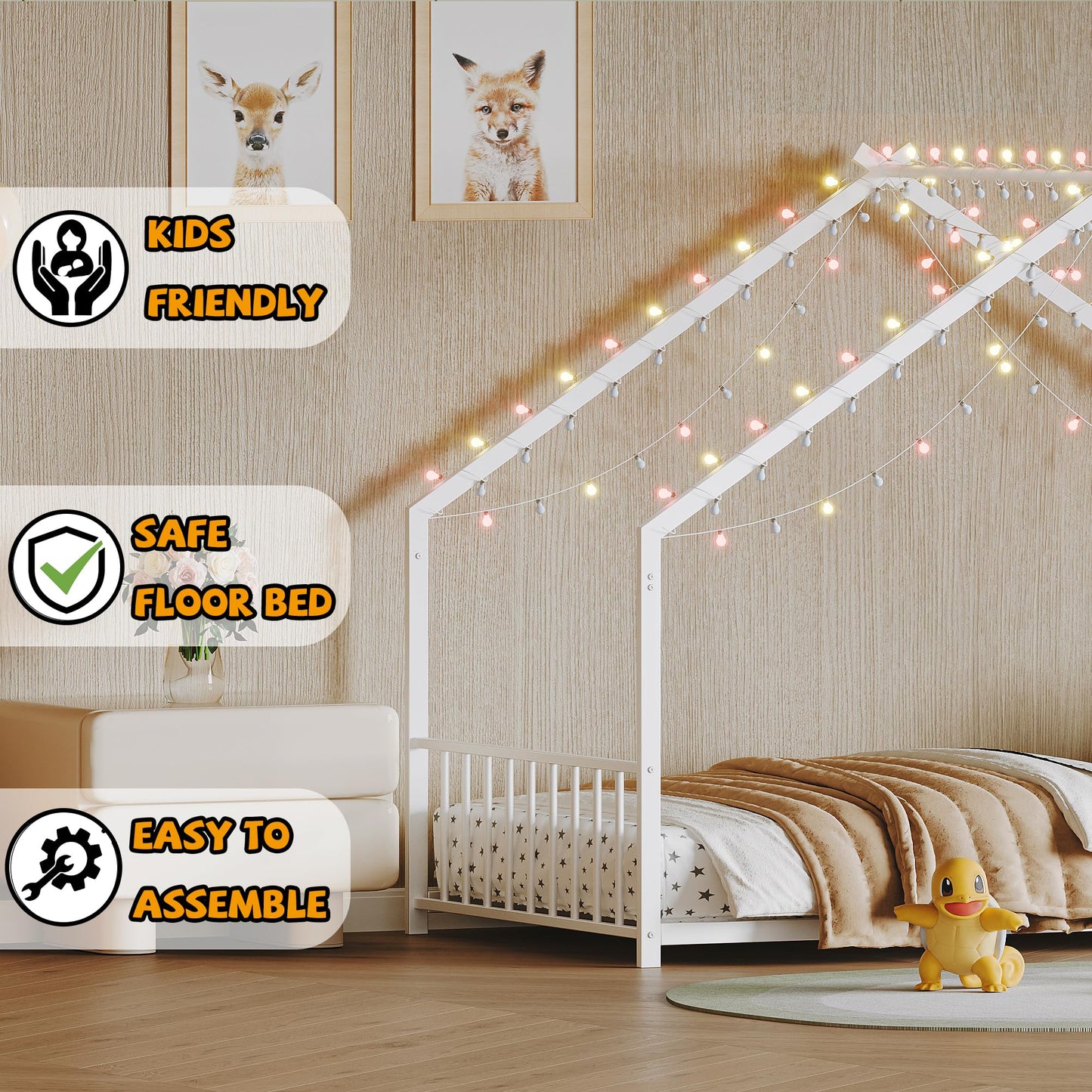 Bellemave Twin Size Montessori Floor Beds with Light, Twin Size House Floor Bed with Headboard and Footboard, Easy Assemble Montessori Bed Frame, White