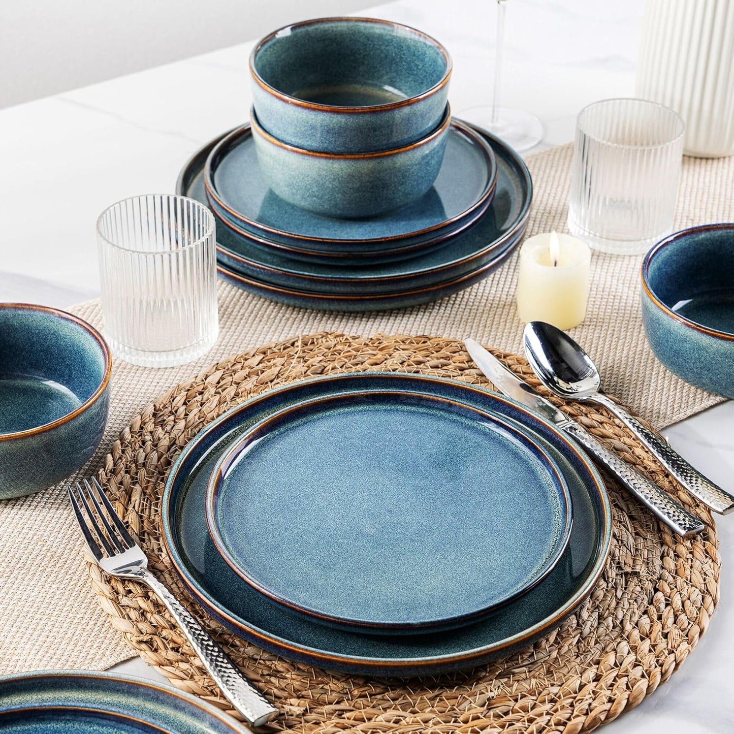 AmorArc Ceramic Dinnerware Sets for 4,Round Reactive Glaze Stoneware Plates and Bowls Set,Highly Scrath Resistant Dishware | Dishwasher & Microwave Safe Dishes Set,Service for 4 (12pc)