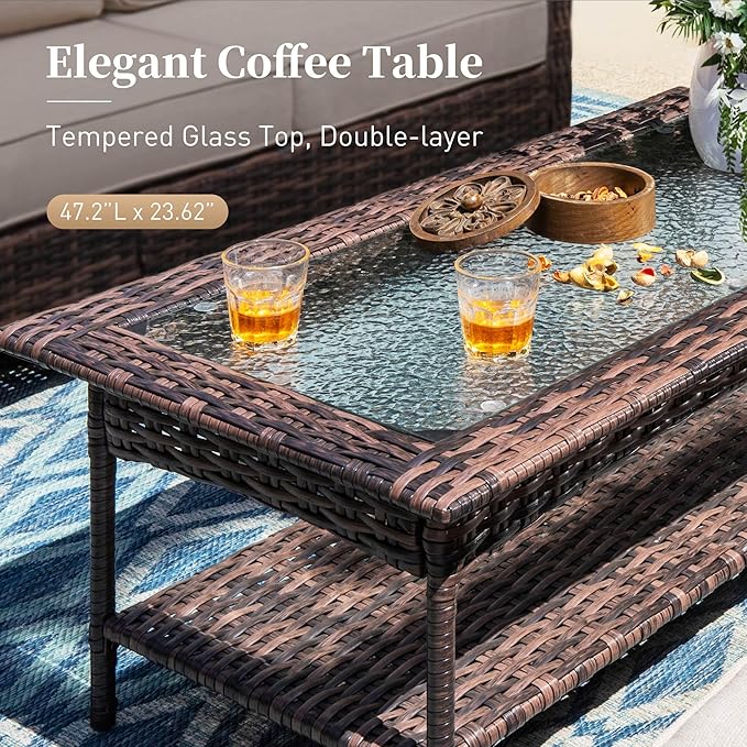 SUNSHINE VALLEY 6 Piece Patio Furniture Set with Swivel Chairs, High Back Wicker Rattan Sofa with Extra Thick Cushion, Coffee Table and Ottoman, Outdoor Conversation Set for Backyard Deck,Beige