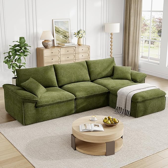 LIKIMIO 120" L-Shaped Modular Sectional Sofa, Cloud Sectional Couch with Deep Seat, Comfy Teddy Upholstery, Oversized 3-Seater with Ottoman, Boneless Couch for Living Room, No Assembly, Green