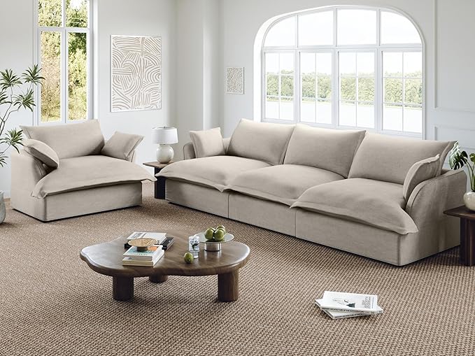 Lopzeho 114” Oversized Modular Sectional Sofa, Comfy Down Fill Cloud Couch, 3 Seater Modular Sofa Couch with One Single Seat, Convertible Sectional Couches for Living Room, Linen, Light Gray
