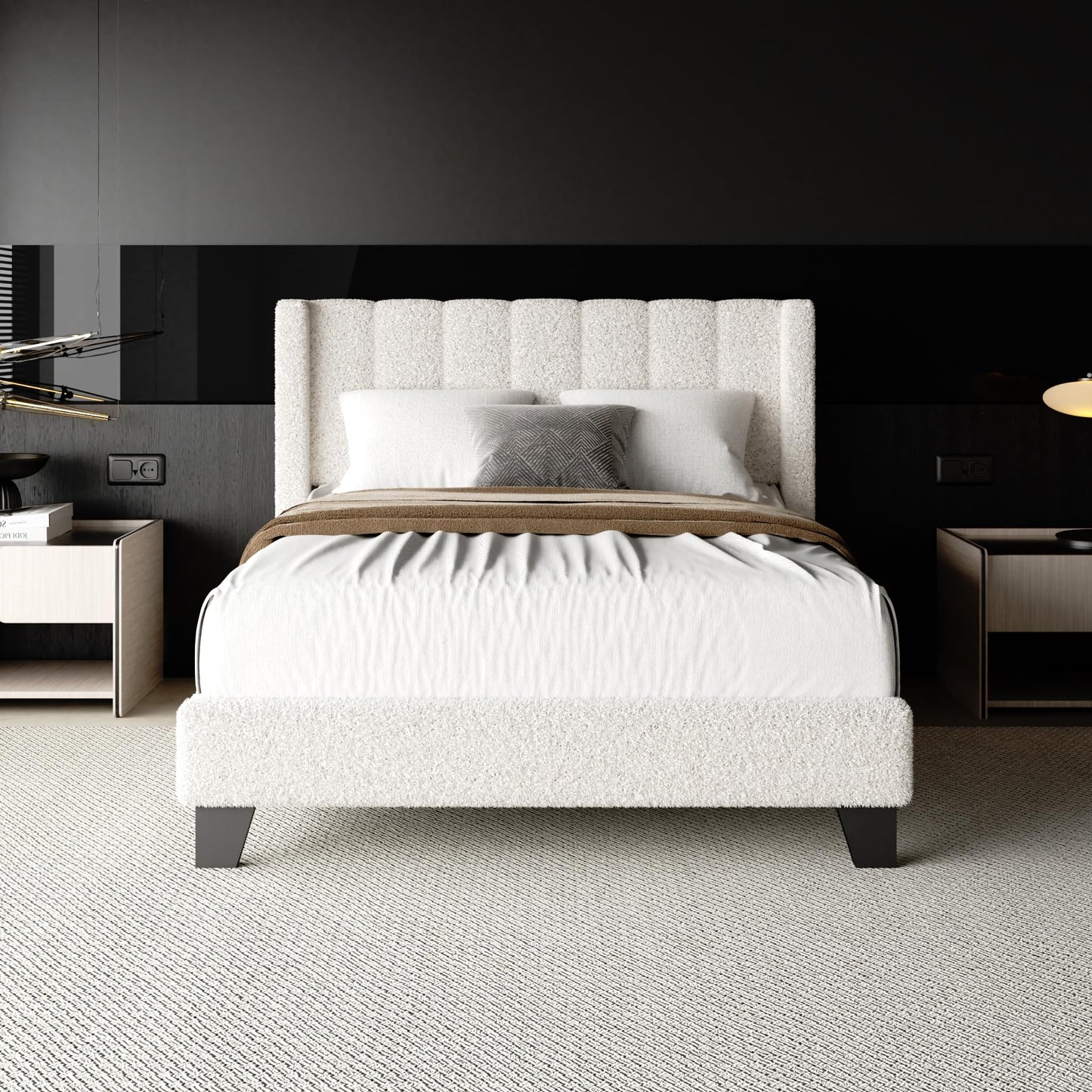 Full Bed Frame with Headboard Upholstered Platform Bed Frame with Teddy Velvet Headboard, Wooden Slats Support/Wing Edge Design/No Box Spring Needed/Easy Assembly, Beige Full