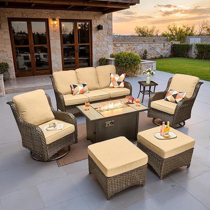 ovios 7 Pieces Patio Furniture Set, Outdoor Wicker Sofa Couch with Swivel Chairs 42" Fire Pit Table, High Back Modern All Weather Conversation Sets, Brown Rattan, Beige