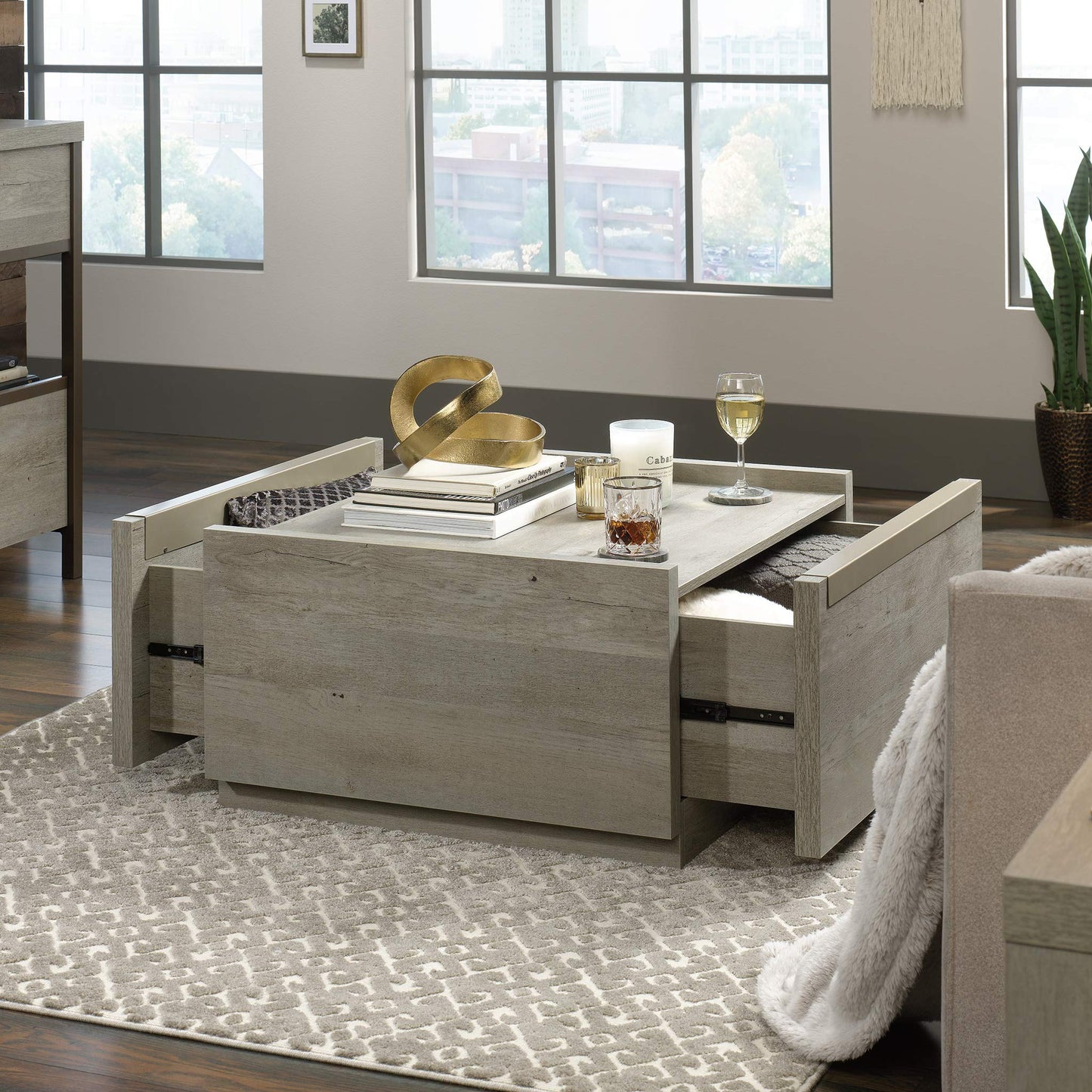 Sauder Manhattan Gate Square Coffee Table, Mystic Oak, 2 Drawers, Modern Farmhouse