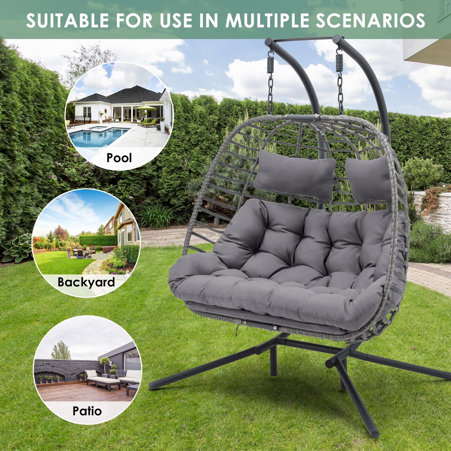 Double Egg Swing Chair with Stand for Outdoor, Patio Hand Made Rattan Wicker 2 Double Hanging Egg Chairs Hammock Chair with UV Resistant Cushion and Metal Frame, Porch Swing Loveseat for Backyard