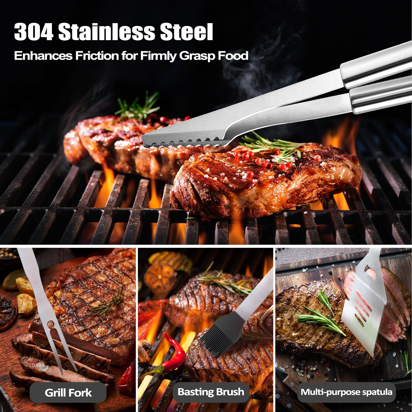 Dad Birthday Gifts, Grilling Accessories, Heavy Duty Stainless Steel Grill Set BBQ Grill Tools for Outdoor Grill with Aluminum Case, Dad Grill Utensils Ideal Christmas Grilling Gift for Men(Black)