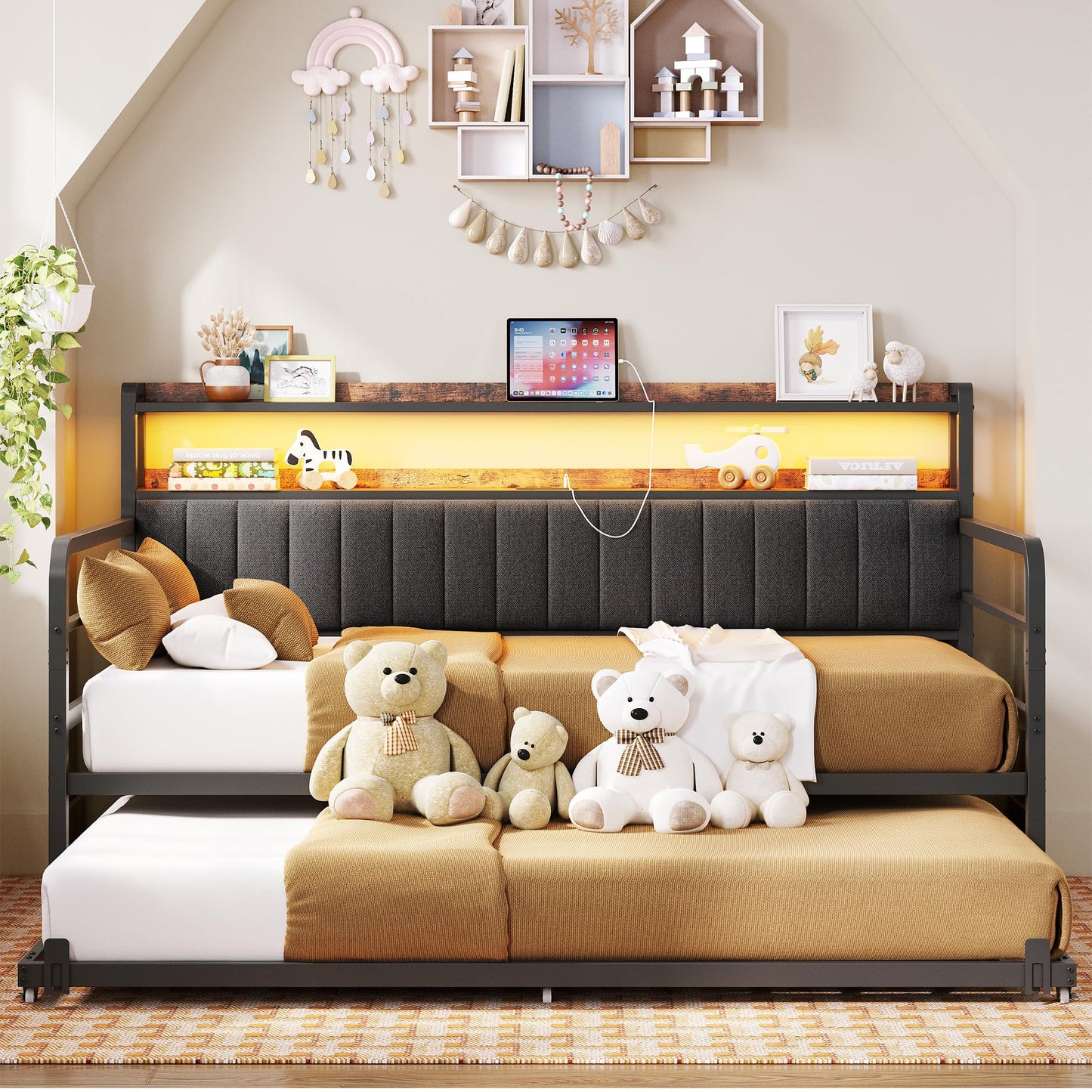 ANCTOR Daybed with Trundle, LED Lights and Charging Station, Twin Size Daybed with 2-Tier Storage Shelves and Upholstered Headboard, Metal Sofa Bed Frame for Living Room, Bedroom, Grey