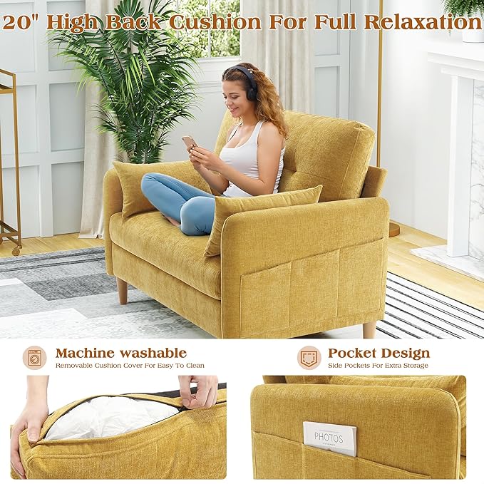 Hanherry Loveseat Sofa, 47” Small Couch for Living Room, Comfy Chenille Fabric Love Seat for Bedroom with Throw Pillow,Removable Cushion Cover,Couches for Small Space,Apartment,Dorm