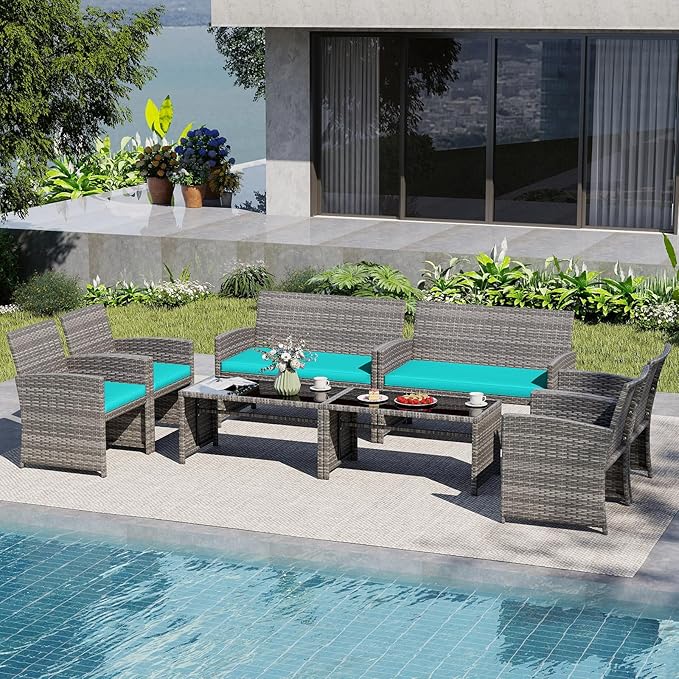 Tangkula 8 Piece Patio Wicker Furniture Set, Outdoor Heavy Duty Rattan Cushioned Chairs, Loveseat and Tempered Glass Coffee Table, for Backyard, Balcony, Poolside