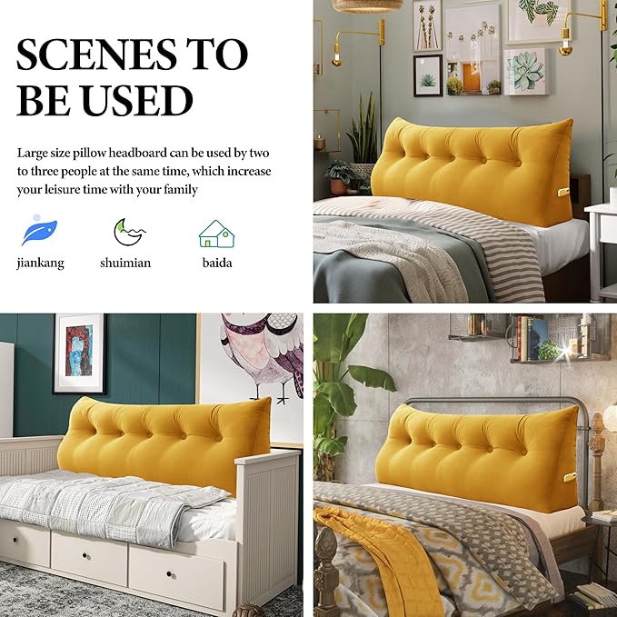 Bed Wedge Headboard Pillow - College Dorm Reading Pillow Back Support While Sitting in Bed - Ergonomic Lumbar Pillow Body Positioning Bed Pillow - Velvet Golden Yellow 59IN