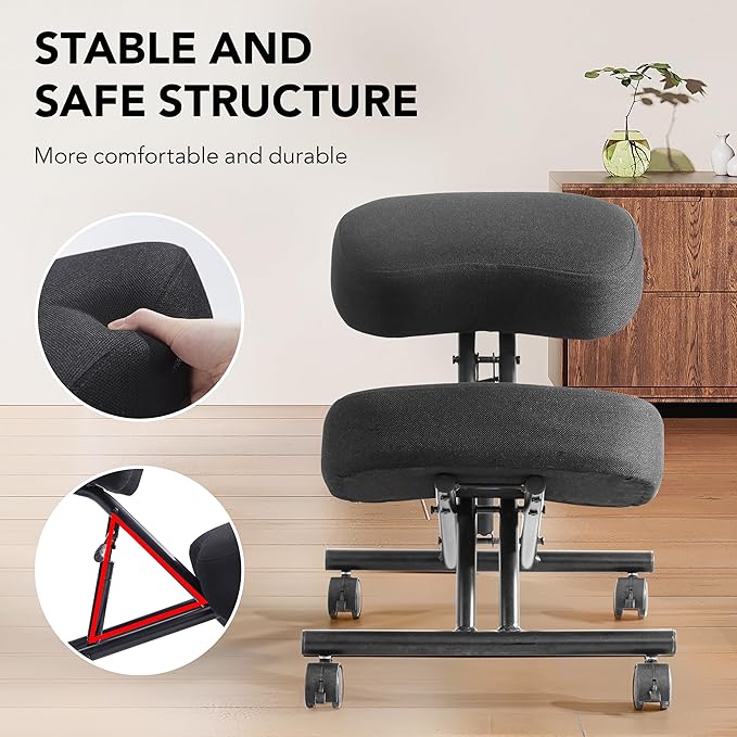 SOMEET Ergonomic Kneeling Chair for Office and Home, Adjustable Stool Posture Chair to Relieve Neck & Back Pain, Brake and Smooth Gliding Casters, Kneeling Desk Chair to Improves Posture, Black Linen