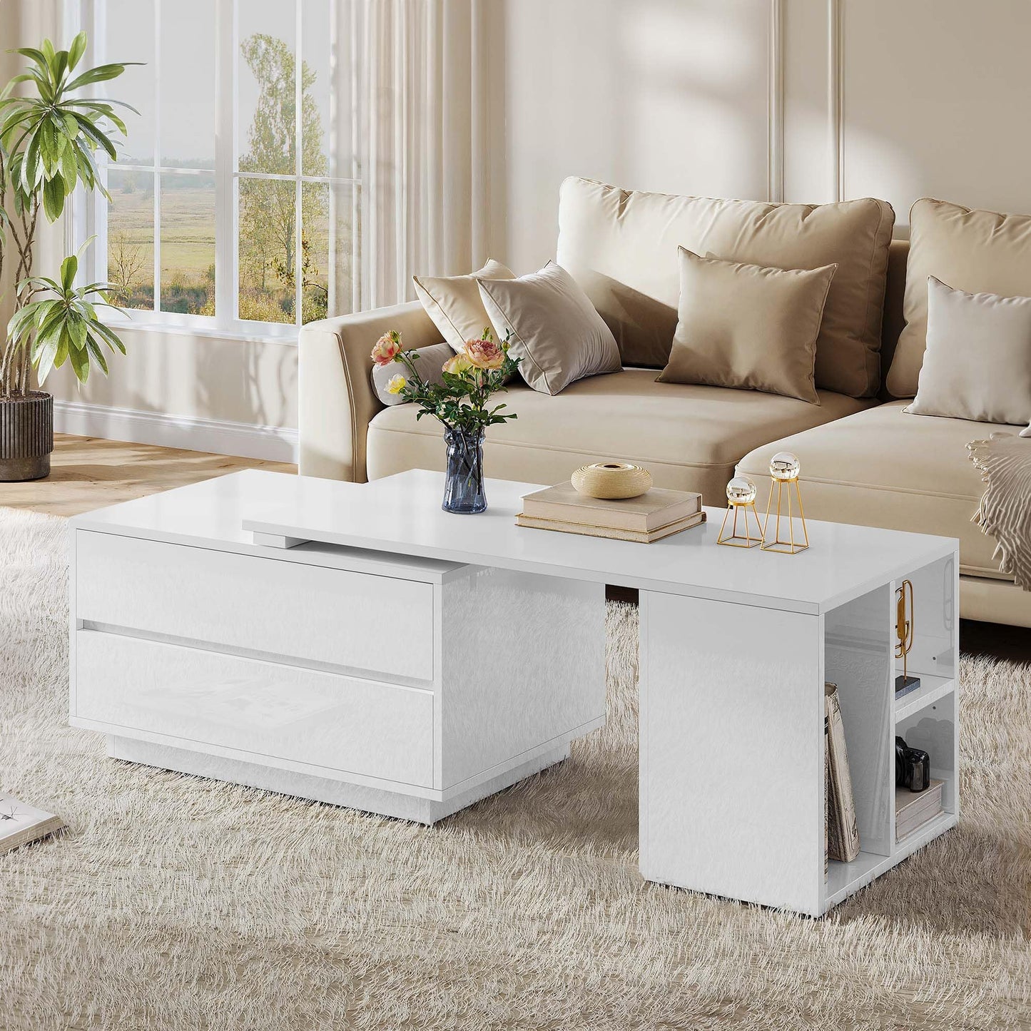 YITAHOME Coffee Table LED Coffee Table with 4 Storage Drawers, Extendable Coffee Tables for Living Room, Modern Wooden Rectangle Cocktail Table with Open Shelves & Sliding Tabletop 35"- 61", White
