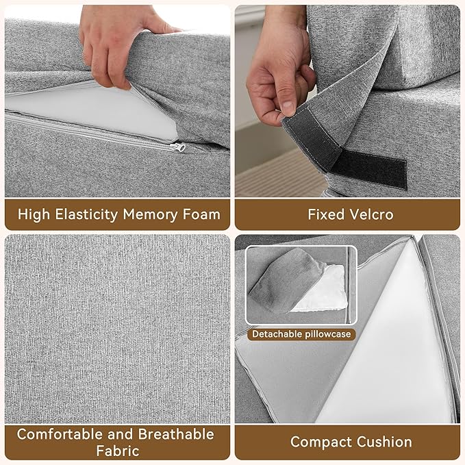 WUTUTUEE Folding Sofa Bed Convertible Floor Couch Foldable Chair Bed with Pillow，Linen Sleeper Chair Futon,Foldable Memory Foam Mattress for Bedroom/Living Room/Dorm/Office (Light Grey, Single)