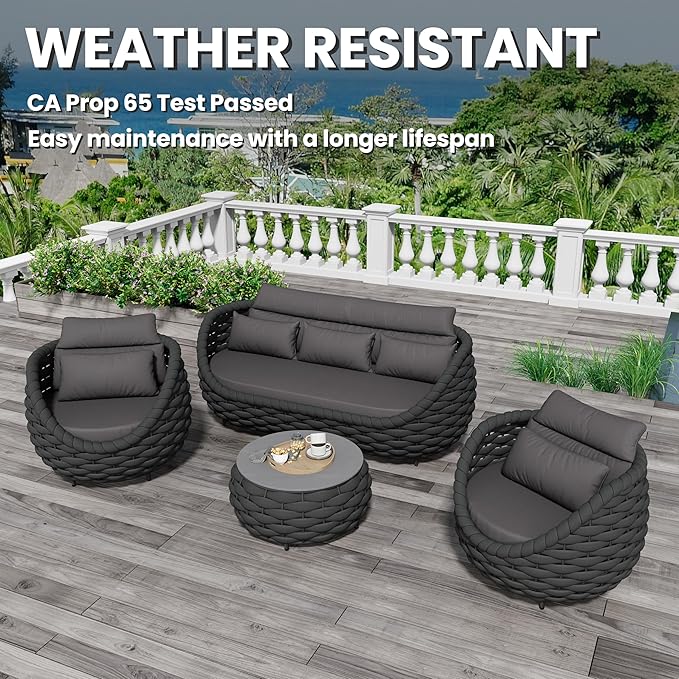 Erotr Woven Rope Patio Furniture Set: 4 Pieces Aluminum Outdoor Conversation Sofa Set Assembled - Modern Couch Set Cushioned - All Weather Metal Porch Seating for 5 Person Deck Garden Hotel, Dark Gray