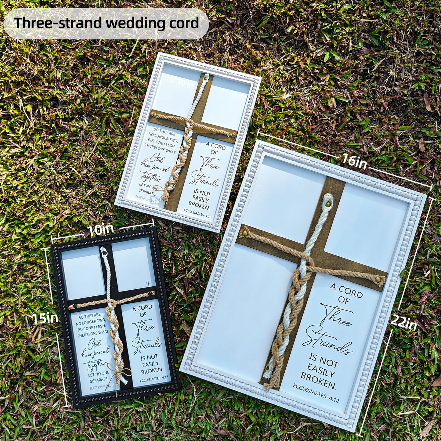 A Cord of Three Strands Wedding Sign 15x10 Inches - Unity Rope Cross Braid for Ceremony with Bible Verses, Rustic Wedding Unity Ideas, Anniversary Religious Marriage Gifts for Couple, Christian
