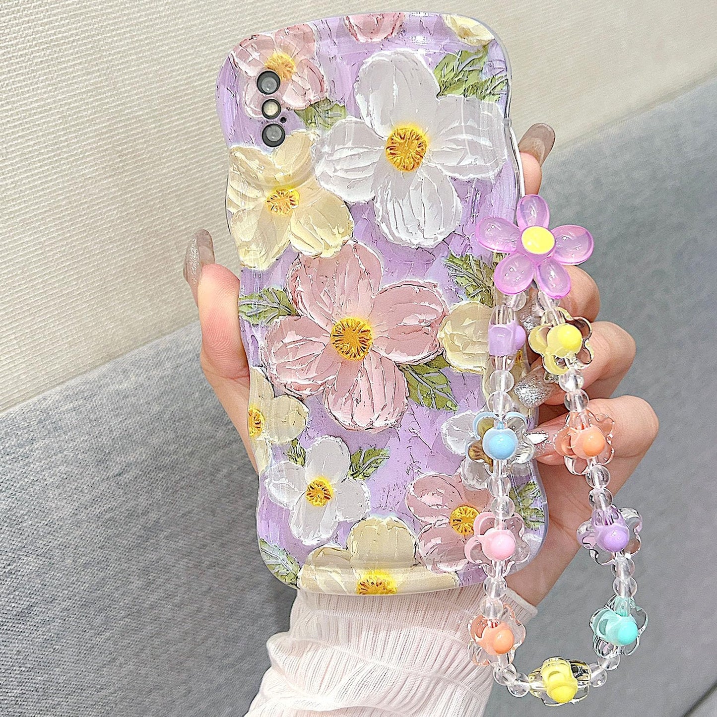 For Iphone X Iphone Xs Curly Wavy Case, Cute Colorful Retro Oil Painting Flower Glossy Pattern [With Bead Chain], Slim Fit Shock