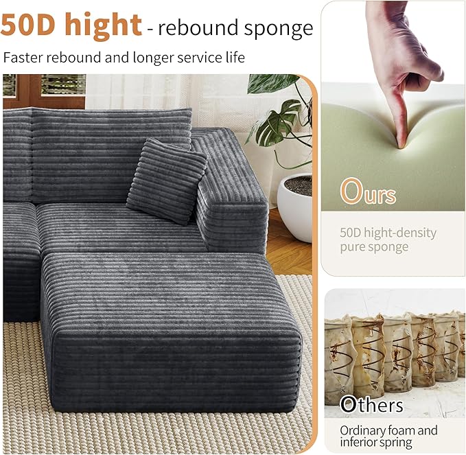 Fancyfire 108" Cloud Modular Sectional Couch with 2 Ottoman,Ultimate Comfort U-Shaped Deep Seat Sofa,Boneless Couch Upholstered 3-Seater Sofas for Living Room, No Assembly Required(Grey)