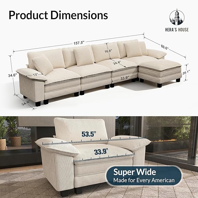 HERA'S HOUSE 158" Modular Sectional Sofa, Oversized L Shaped Couches for Living Room, Comfy Cloud Couch with Ottoman, 5-Seater Deep Seat Sofa with Throw Pillow, Corduroy Beige