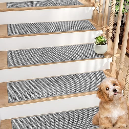 Natural Linen Stair Treads for Wooden Steps, 15 Pcs 8" x 30",Non Slip Stair Runner, Peel and Stick Carpet Indoor for Kids Elders and Pets (15, Grey, 8" x 30")