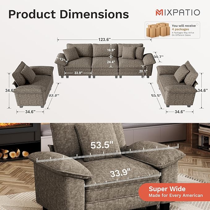 MIXPATIO L-Shaped Cloud Modular Sofa Set, Deep Seat 3-Piece 5-Seater Sectional Couch & Removable Arms, Plush Chenille for Living Room - Smoky Gray
