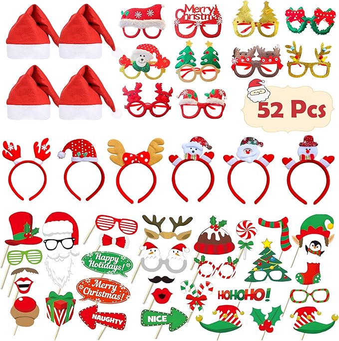 52 Pcs Christmas Photo Booth Props Kit, 20Pcs Glitter Eyeglasses Frame Hats Hairhoop and 32Pcs DIY Selfie Pose Signs for X...