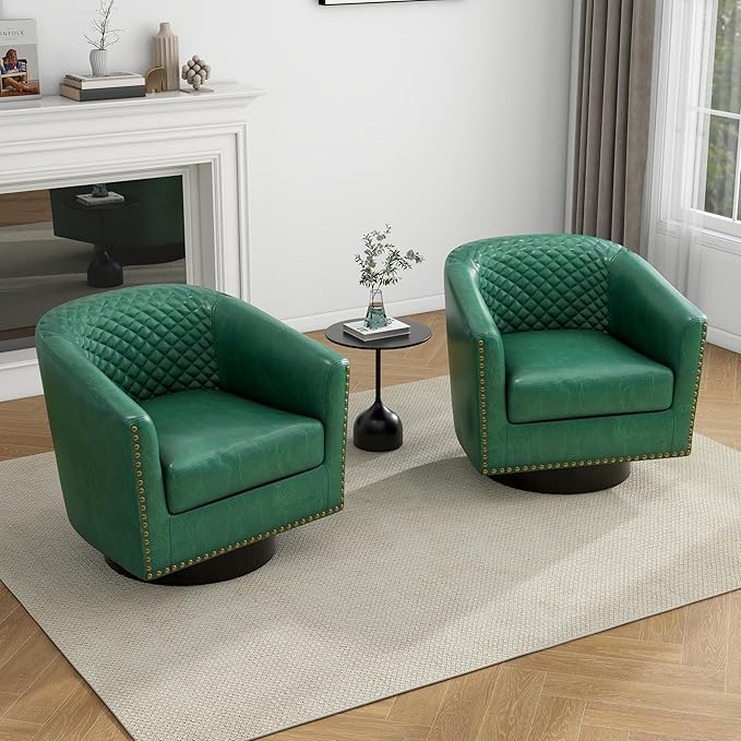 UIXE Swivel Accent Chairs, PU Leather Barrel Club Chair for Living Room, Upholstered Armchair Comfy Single Sofa Bedroom Reading Seat - Green, Set of 2