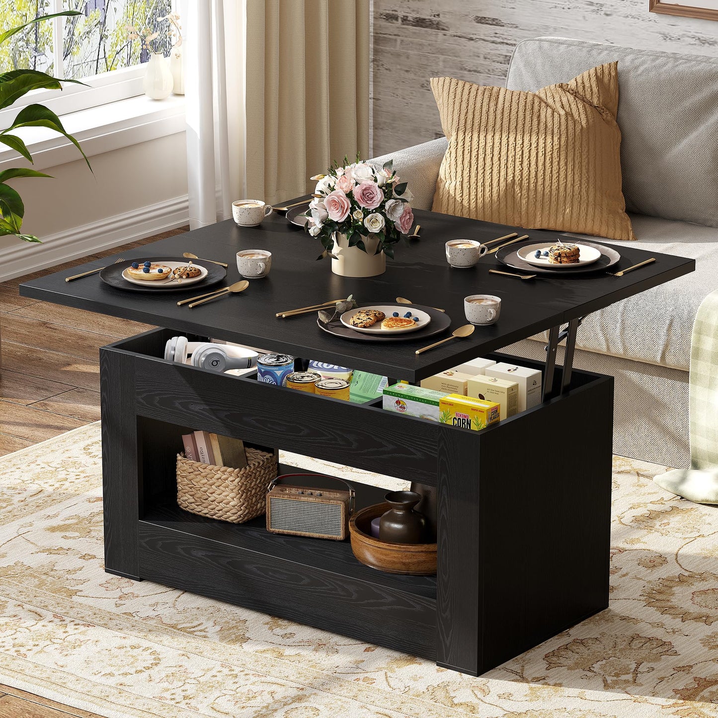 UNIQUITE 40" Lift Top Coffee Table, 4 in 1 Multi-Function Lift Coffee Tables with Storage and Hidden Compartment, Convertible Coffee Table to Dining Table for Living Room, Black