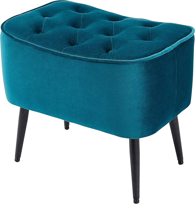 BIRDROCK HOME Tufted Curve Ottoman Velvet Foot Stool - Upholstered Padded Footrest for Living Room or Bedroom - Small Cushioned Accent Chair for Couch, Sofa, Lofted Seating - Modern Furniture - Teal