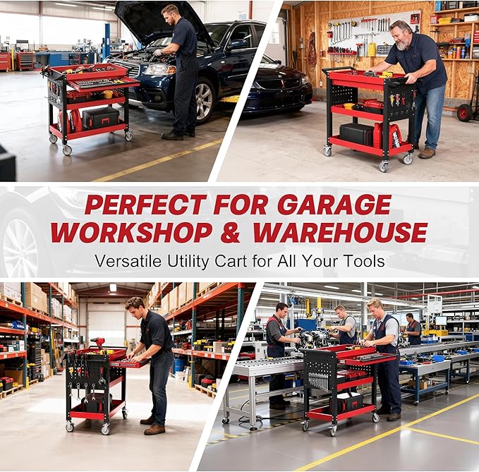 XCX 3 Tier Tool Cart on Wheels, Heavy Duty Metal Rolling with Drawers and Pegboards, 660 LBS Load Capacity Tool Storage Cart, Industrial Utility for Garage, Warehouse, Workshop