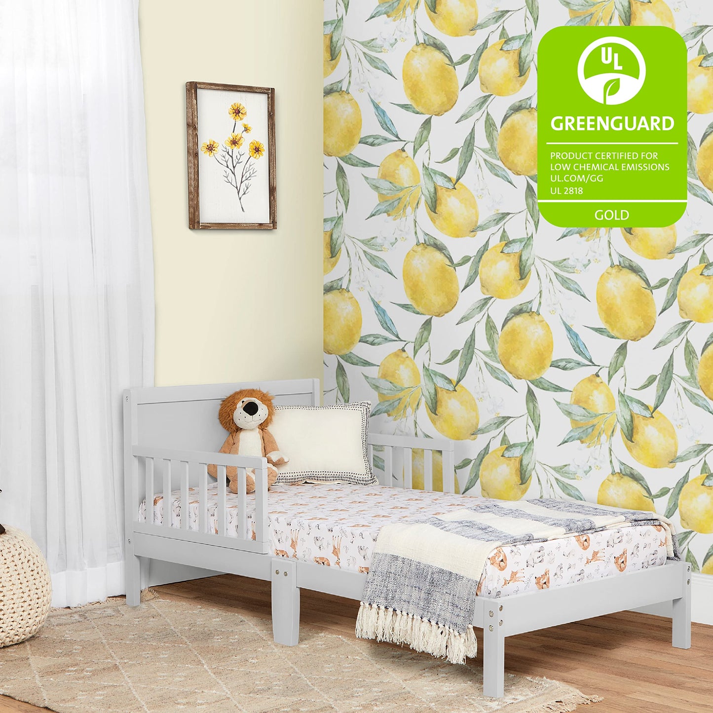 Dream On Me Brookside Toddler Bed In Pebble Grey, Greenguard Gold /JPMA Certified, Low To Floor Design, Non-Toxic Finish, Safety Rails, Made Of Pinewood