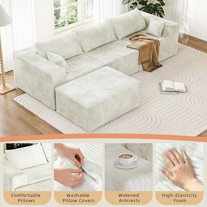 CABZOON 110" Cloud Couch Sectional for Living Room L-Shape Boneless Couches Modular Sectional Sofa with Deep Seat with Chaise,No Assembly Required, Carbon White(Plush Corduroy Fabric)