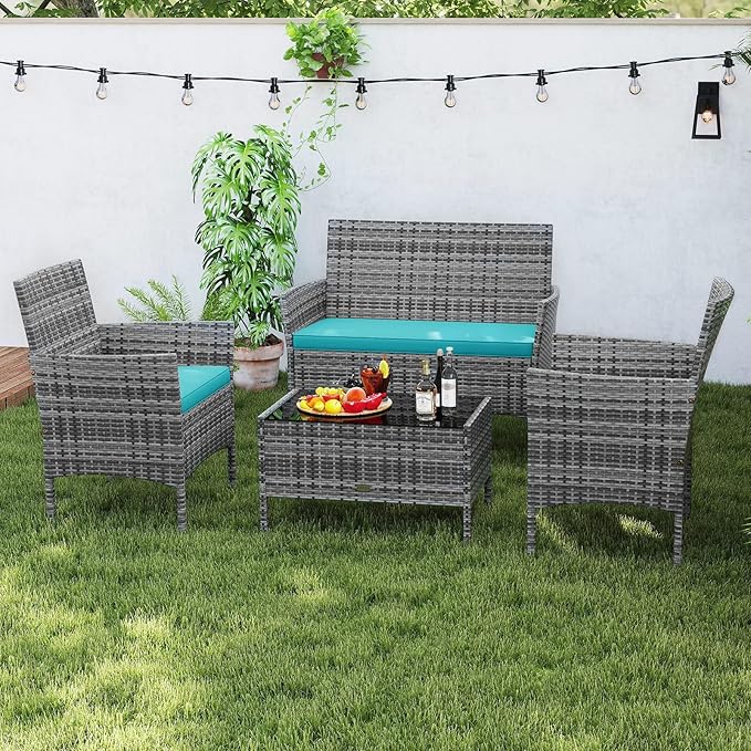 RELAX4LIFE 4-Piece Patio Furniture Set - Rattan Outdoor Conversation Bistro Set w/Cushions, Glass Coffee Table, Wicker Chairs & Loveseat for Garden Backyard Porch Balcony (1, Mix Grey-Turquoise)