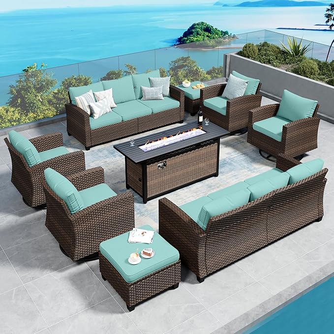 SUNSHINE VALLEY Swivel Glider Patio Furniture Set Outdoor Furniture Brown Wicker Rattan Patio Conversation Sets with Cushion Outside Sofa Set,8 Pieces with Rectangular Firepit Table,12 Seats,Blue