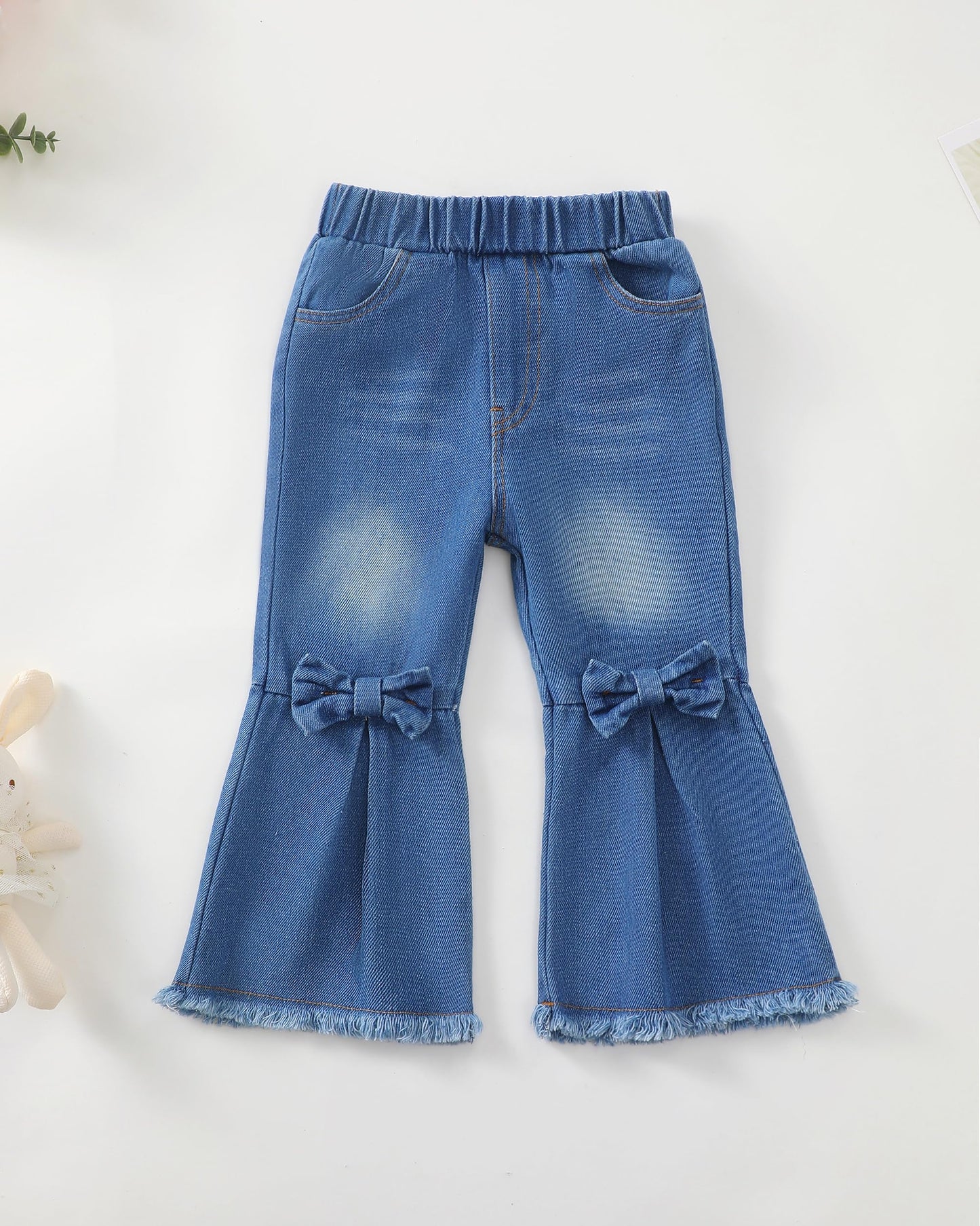 Renotemy Infant Baby Girl Clothes 12-18 Months Fall Winter Outfit for 1 Year Old Girl Gifts Puff Bubble Sleeve Knit Peplum Sweatshirt Flare Bell Bottom Jeans Matching Outfits Clothing Set Cream Yellow