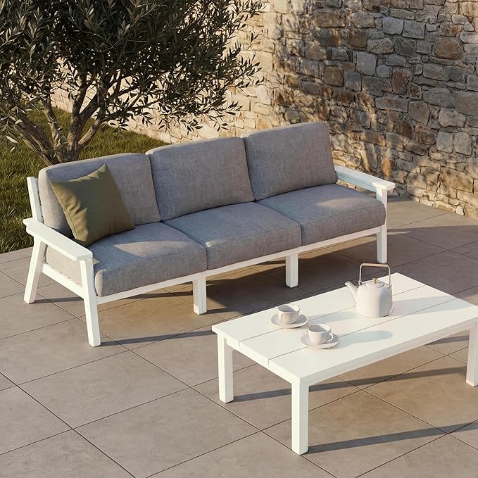 Patio Kingdom Patio Furniture Set 3 Seats, HDPE Outdoor Sectional with Washable Gray Thick Cushions, Coffee Table & Side Table, Patio Conversation Sets for Lawn, Garden, Porch, Balcony (White Frame)