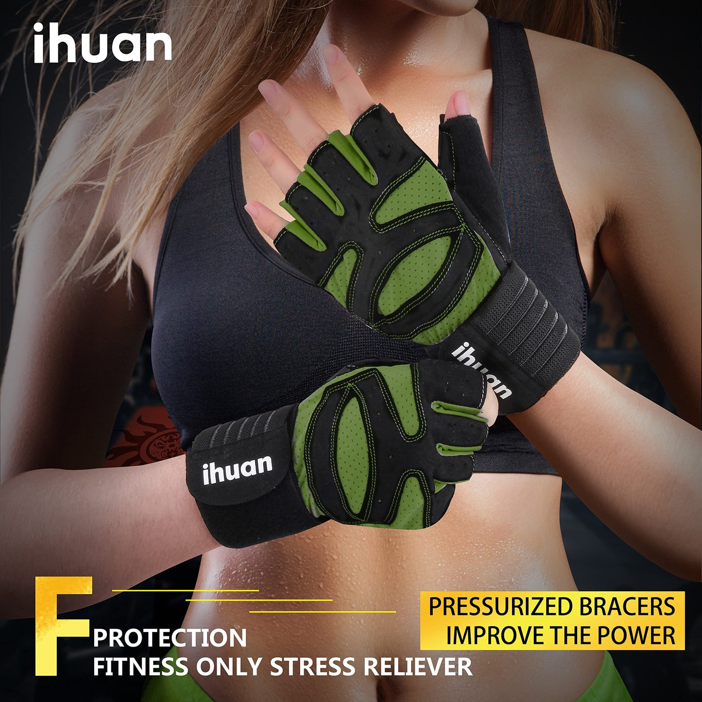 ihuan Ventilated Weight Lifting Gym Workout Gloves with Wrist Wrap Support for Men & Women, Full Palm Protection, for Weightlifting, Training, Fitness, Hanging, Pull ups (Dark Green, S)