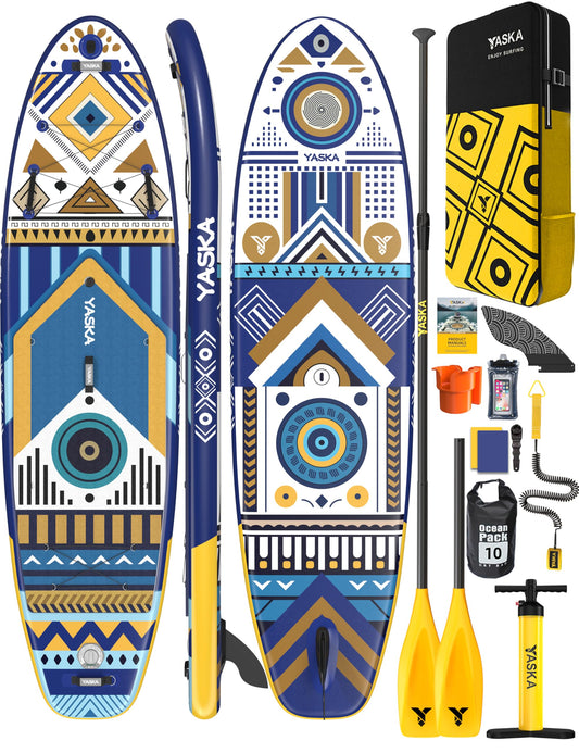 YASKA Inflatable Stand up Paddle Board 11ft with Cup Holder SUP Accessories,Extra Wide Design Non-Slip Paddleboard for Beginner Adults Advenor Yoga Fishing