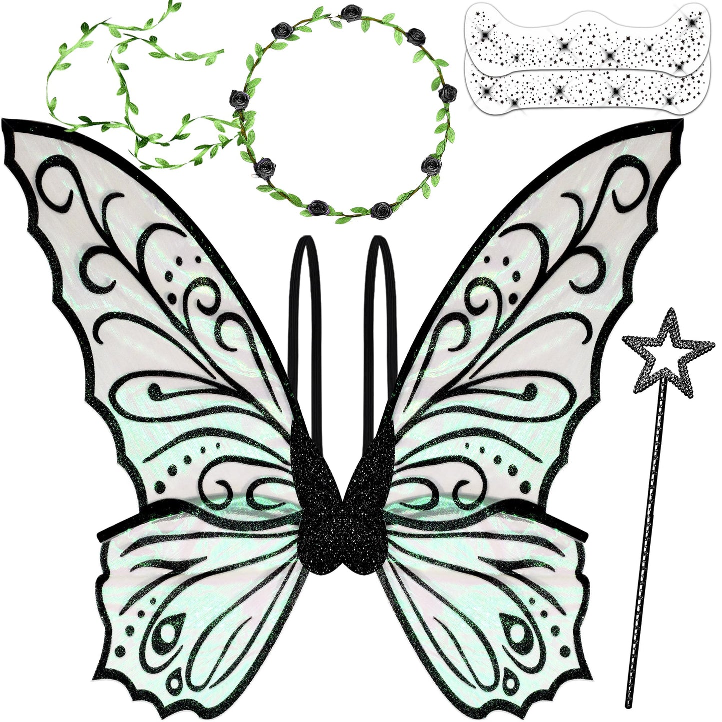 U-Zomir Fairy Costume Wings for Women Girls, Sparkle Black Fairy Butterfly Wings Halloween Costume Dress up Christmas Birthday Party Favor Wedding