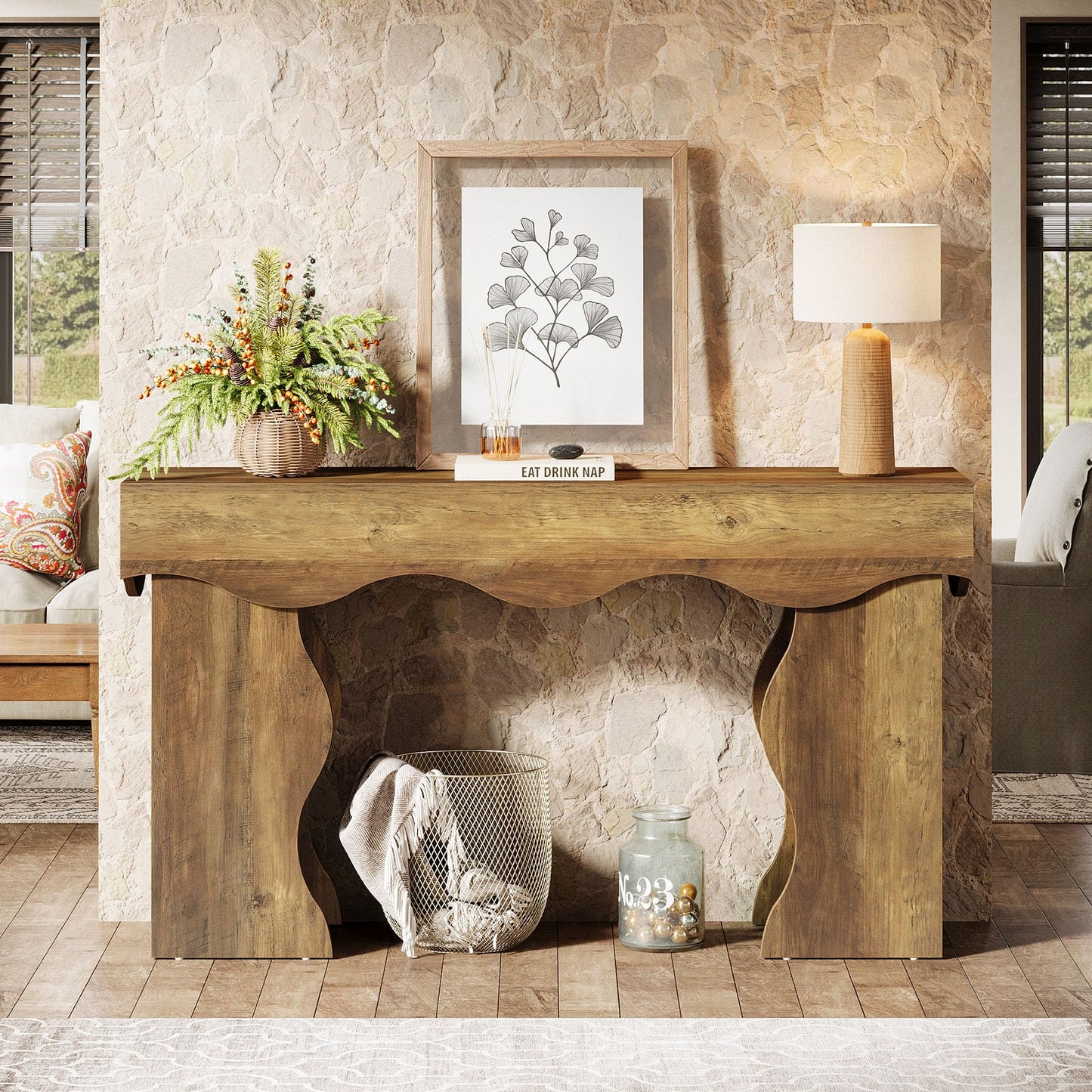 Tribesigns 55.1" Console Table, Farmhouse Entryway Table with Scalloped Edges, for Hallway Foyer Living Room Entrance, Behind Sofa, Brown